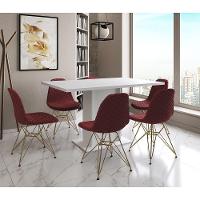 Mesa Jantar Londres Retangular Branca 137X90 6 Cadeiras Estofadas Vermelho Base Dourado - 1