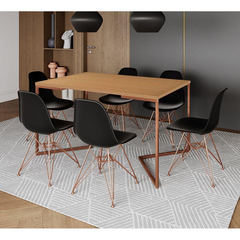 Mesa Jantar Industrial Retangular 137X90Cm Canela Base V Com 6 Cadeiras Eames Eiffel Pretas Base Cob - 1