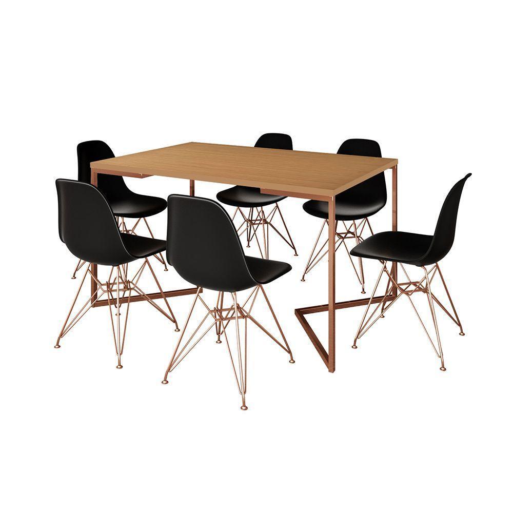Mesa Jantar Industrial Retangular 137X90Cm Canela Base V Com 6 Cadeiras Eames Eiffel Pretas Base Cob - 6