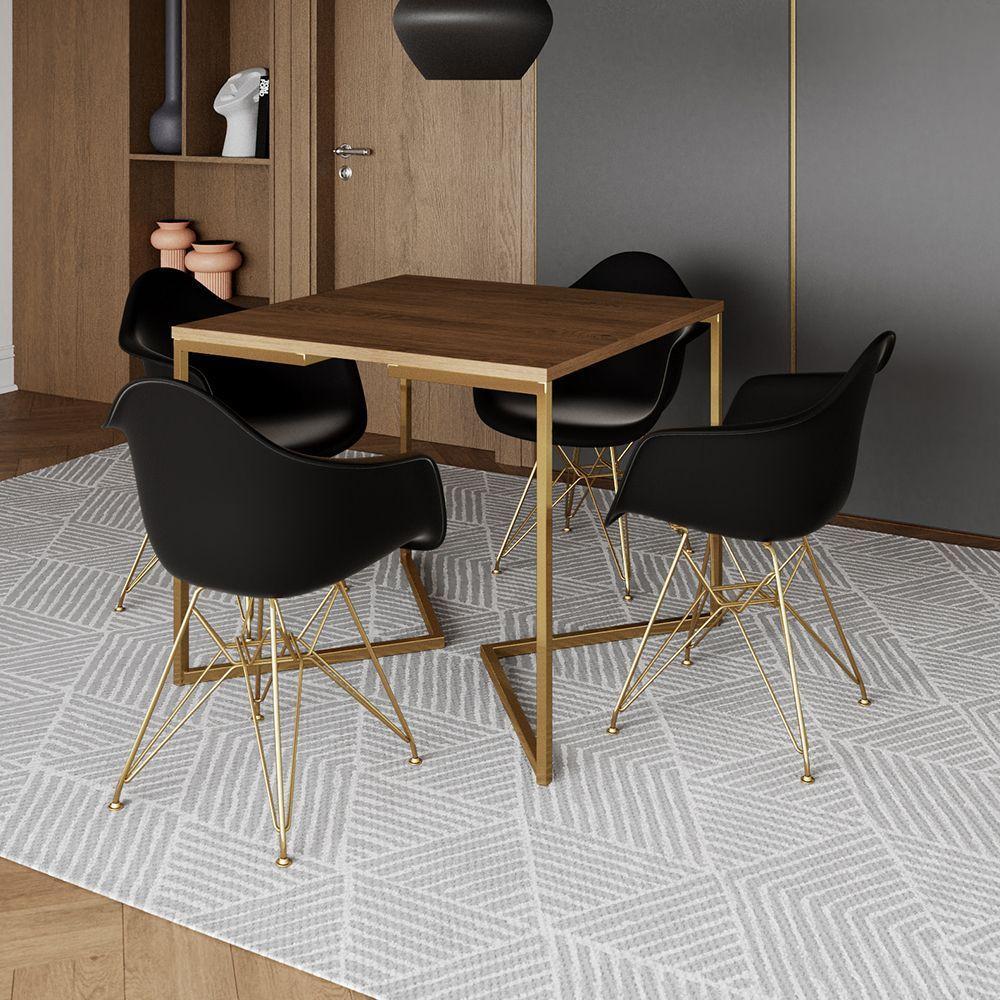 Mesa Jantar Industrial Quadrada 90Cm Amêndoa Base V Com 4 Poltronas Daw Pretas Base Dou Marrom - 1