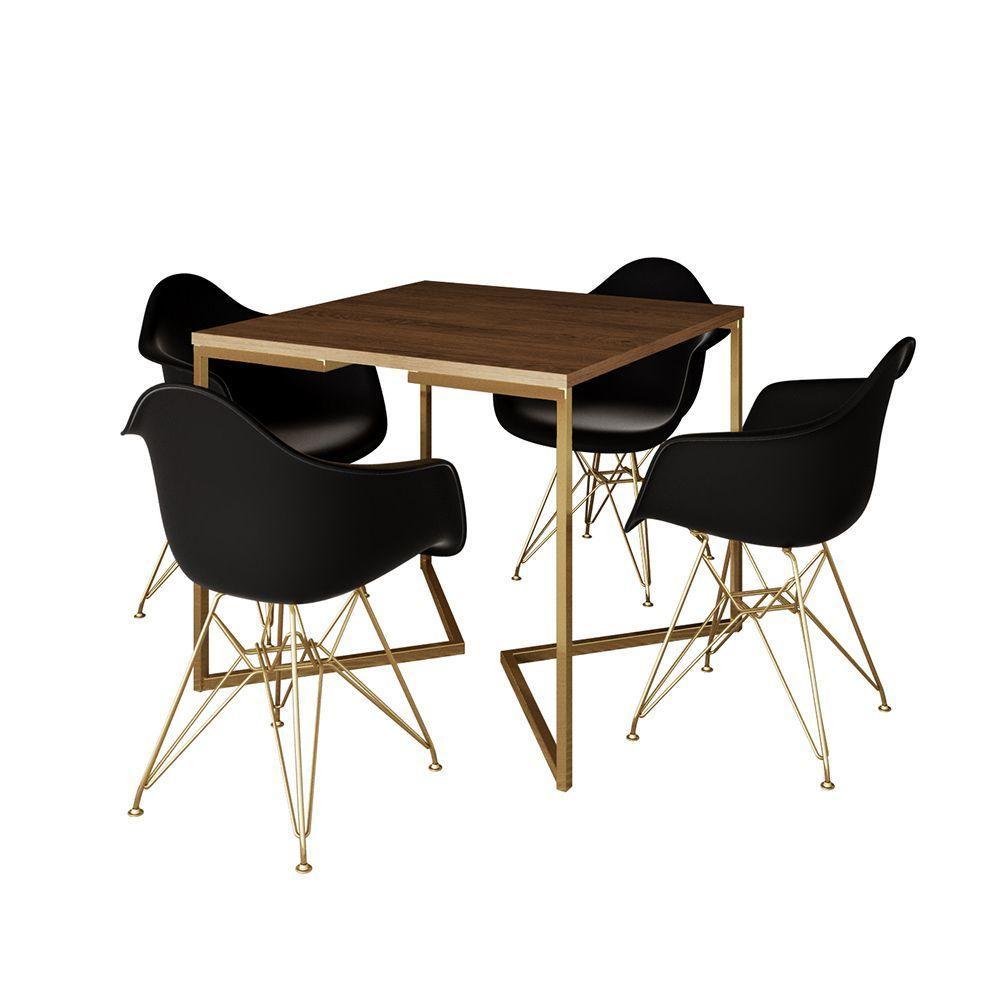 Mesa Jantar Industrial Quadrada 90Cm Amêndoa Base V Com 4 Poltronas Daw Pretas Base Dou Marrom - 6