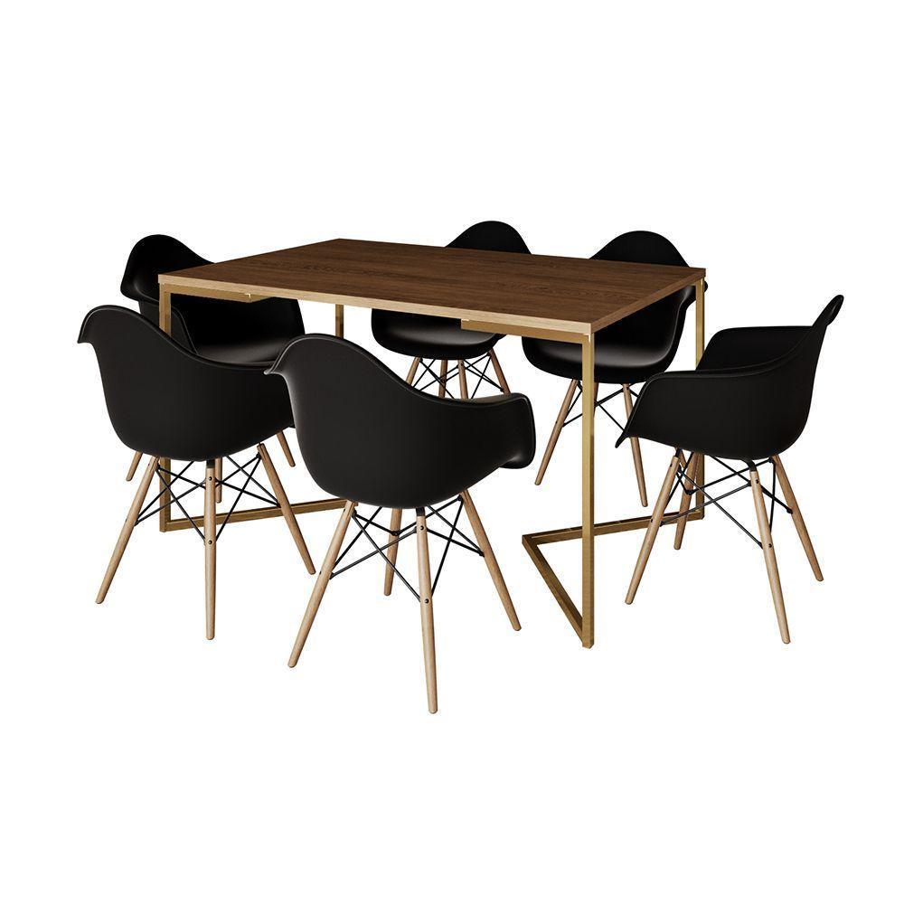Mesa Jantar Industrial Amêndoa 137X90Cm Base V Dourada Com 6 Poltronas Daw Madeira Pret Marrom - 6