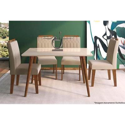 Sala de Jantar Completa Adele c/ Tampo Madeirado c/ Vidro 130cm + 4 Cadeiras Paola Madeira/Off White Suede/Nude - Cimol