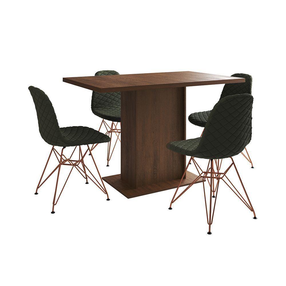 Mesa Jantar Londres Tampo Amêndoa 120Cm 4 Cadeiras Base Cobre Estofado Verde - 6