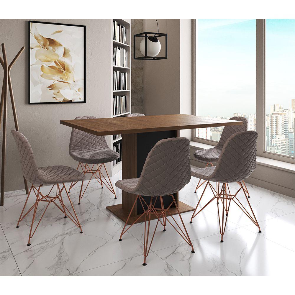 Mesa Jantar Londres Retangular Amêndoa 137X90 Base Preta 6 Cadeiras Estofadas Nude Médio Base Cobre - 1