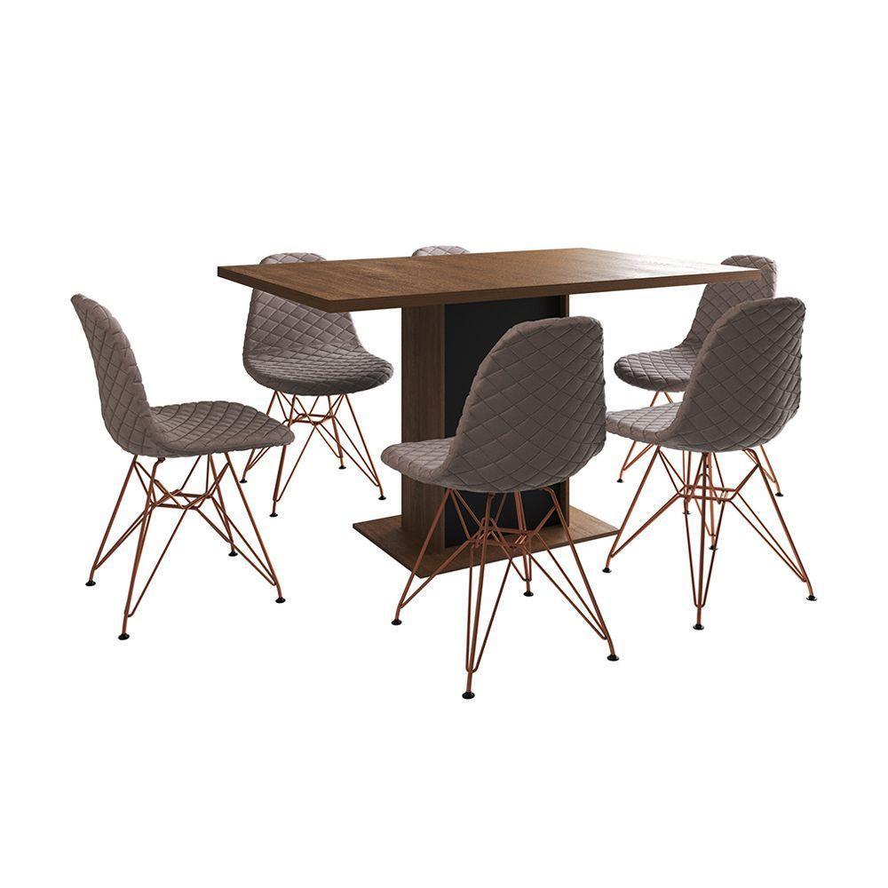 Mesa Jantar Londres Retangular Amêndoa 137X90 Base Preta 6 Cadeiras Estofadas Nude Médio Base Cobre - 7