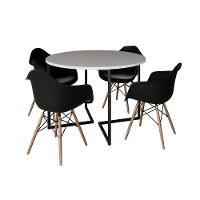 Mesa Jantar Industrial Branca 110Cm Redonda Base V Ferro Preto Com 4 Poltronas Pretas Madeira Preto - 6