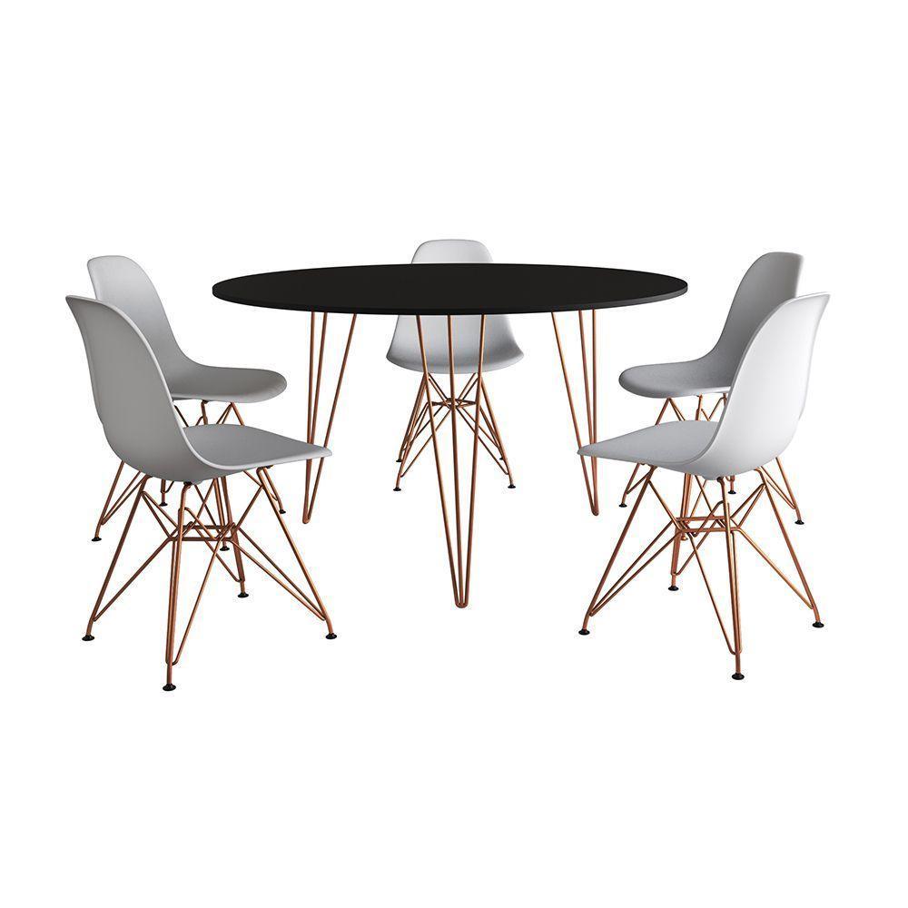 Mesa Jantar Redonda 110Cm Preta Clips 3 Pés Com 5 Cadeiras Eames Eiffel Brancas Base Cobre - 6