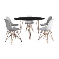 Mesa Jantar Redonda 110Cm Preta Clips 3 Pés Com 5 Cadeiras Eames Eiffel Brancas Base Cobre - 6