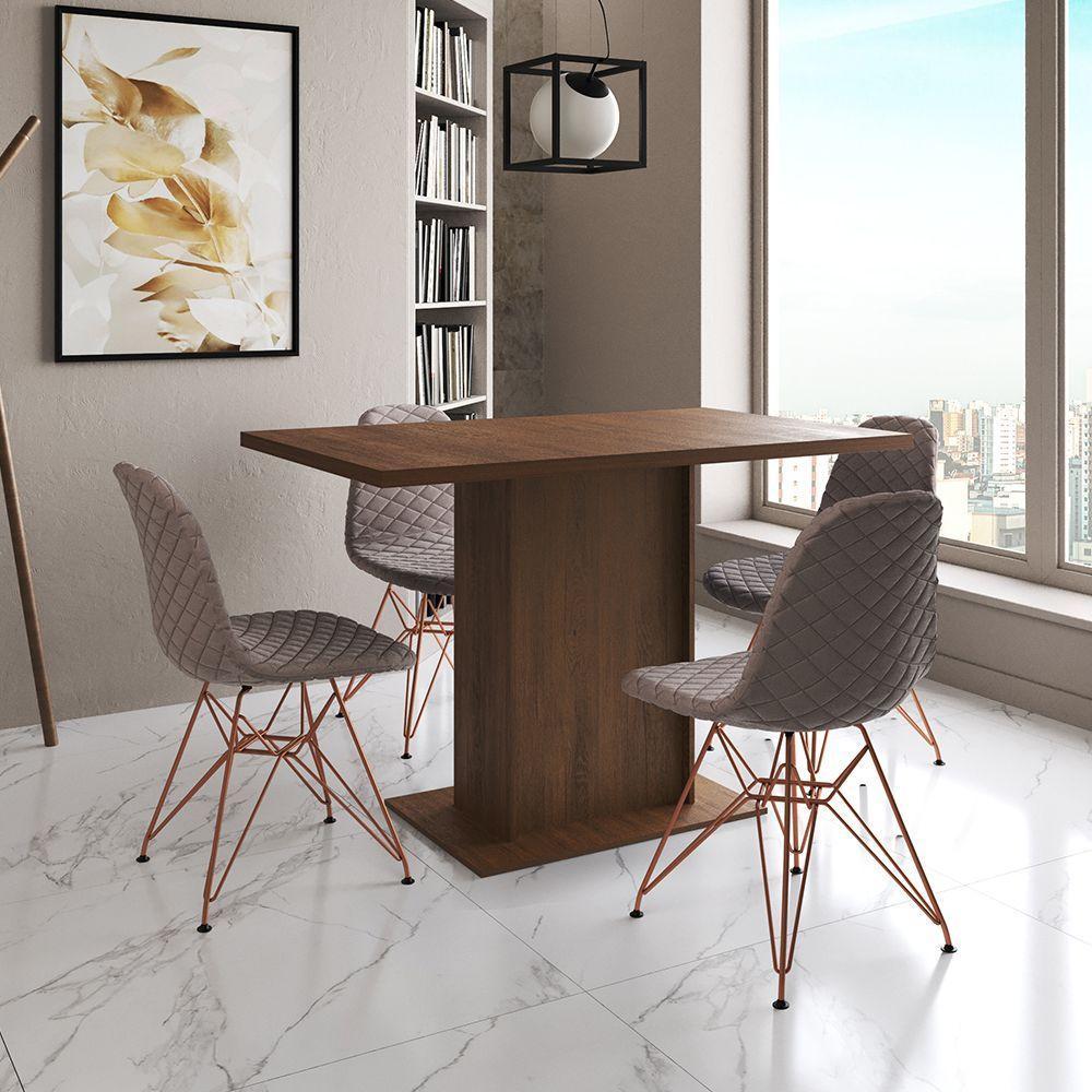Mesa Jantar Londres Tampo Amêndoa 120Cm 4 Cadeiras Base Cobre Estofado Nude Médio - 1