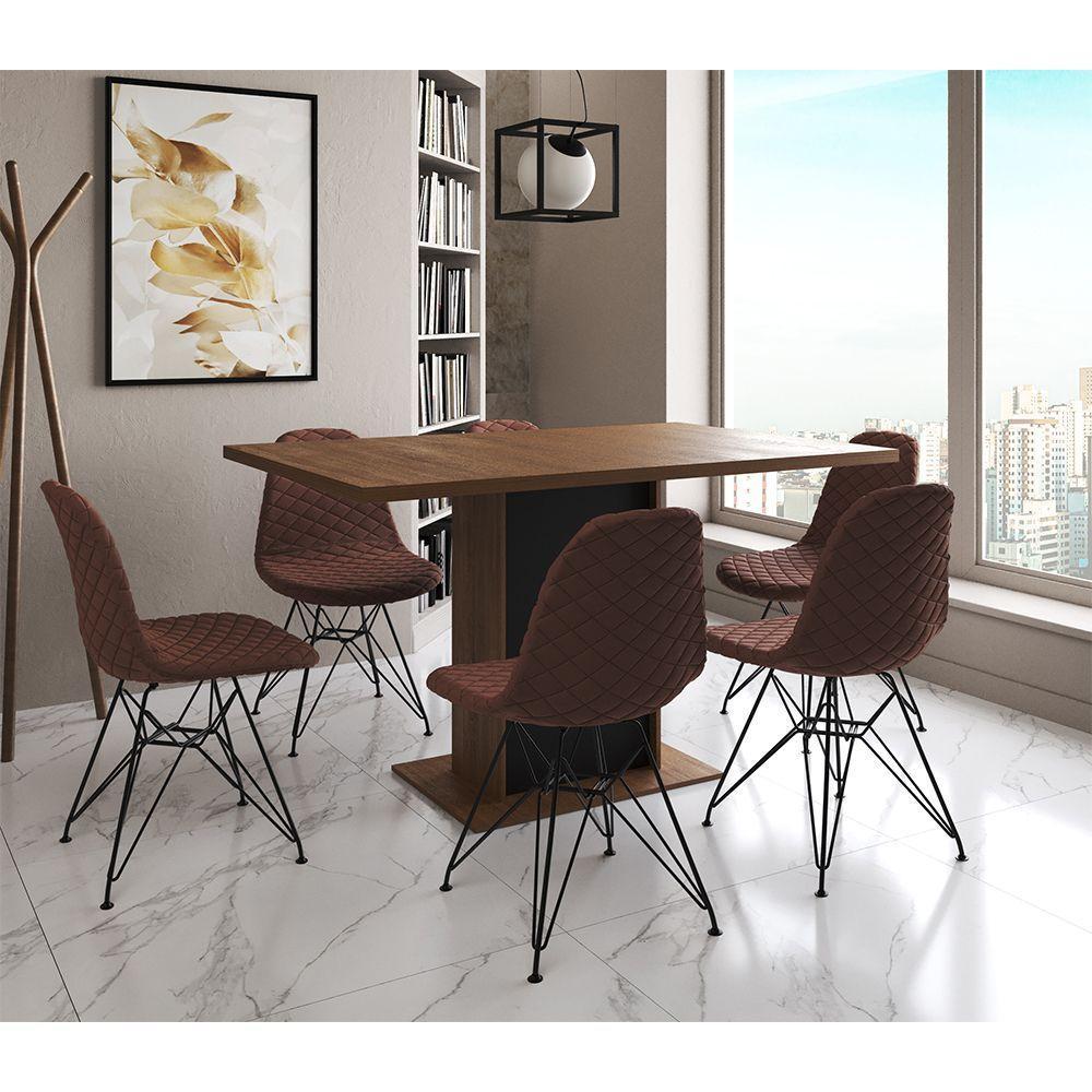 Mesa Jantar Londres Retangular Amêndoa 137X90 Base Preta 6 Cadeiras Estofadas Caramelo Ferro Preto - 1
