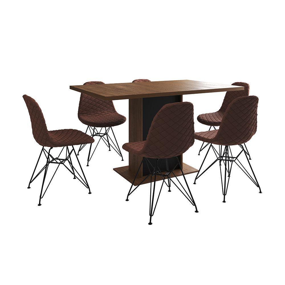Mesa Jantar Londres Retangular Amêndoa 137X90 Base Preta 6 Cadeiras Estofadas Caramelo Ferro Preto - 6
