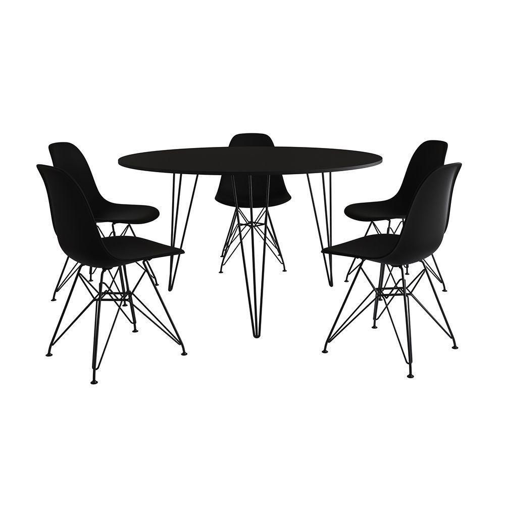 Mesa Jantar Redonda 110Cm Preta Clips 3 Pés Com 5 Cadeiras Eames Eiffel Pretas Ferro Preto - 6