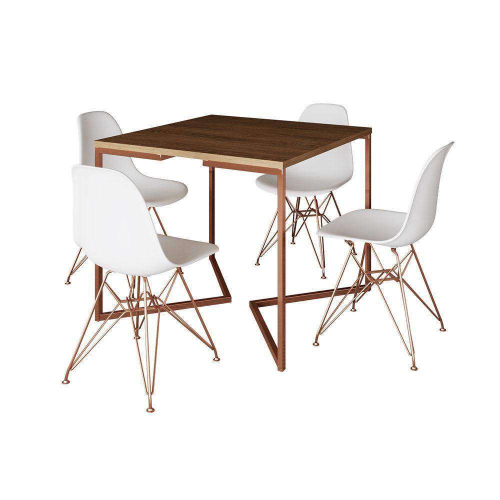 Mesa Jantar Industrial Quadrada 90Cm Amêndoa Base Cobre V Com 4 Cadeiras Brancas Eames Eiffel Pés Co - 6