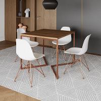 Mesa Jantar Industrial Quadrada 90Cm Amêndoa Base Cobre V Com 4 Cadeiras Brancas Eames Eiffel Pés Co - 1
