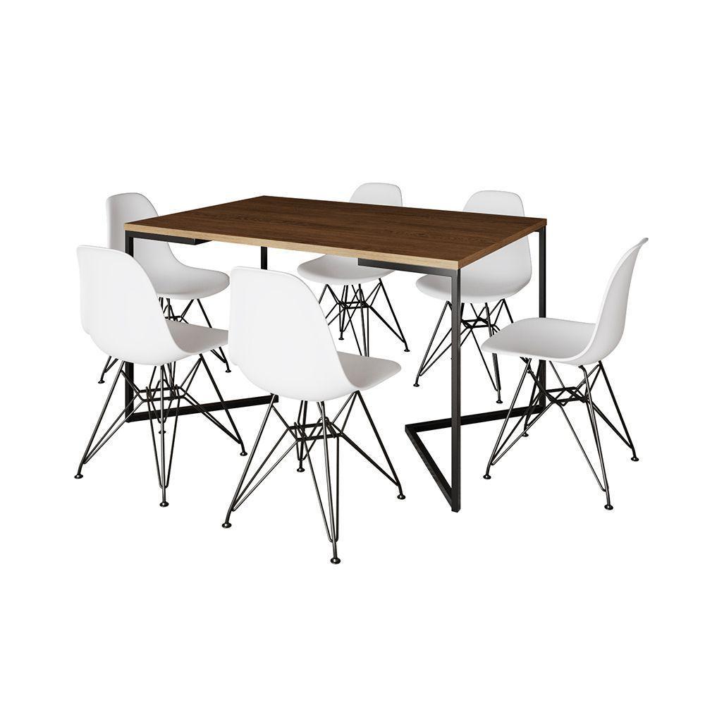 Mesa Industrial Jantar Retangular 137X90Cm Amêndoa Base V Com 6 Cadeiras Eames Eiffel Brancas Ferro - 7