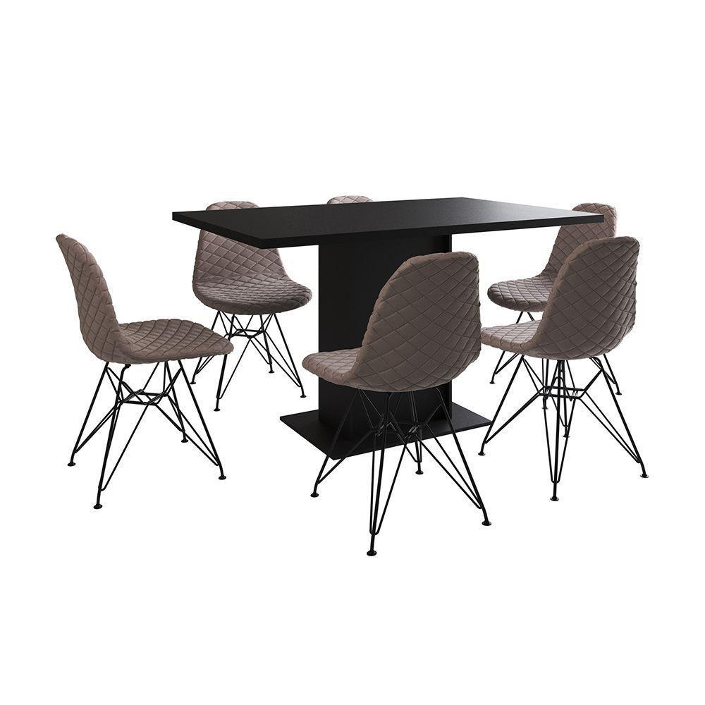 Mesa Jantar Londres Retangular Preta 137X90Cm 6 Cadeiras Estofadas Nude Médio Ferro Preto - 6