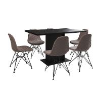 Mesa Jantar Londres Retangular Preta 137X90Cm 6 Cadeiras Estofadas Nude Médio Ferro Preto - 6