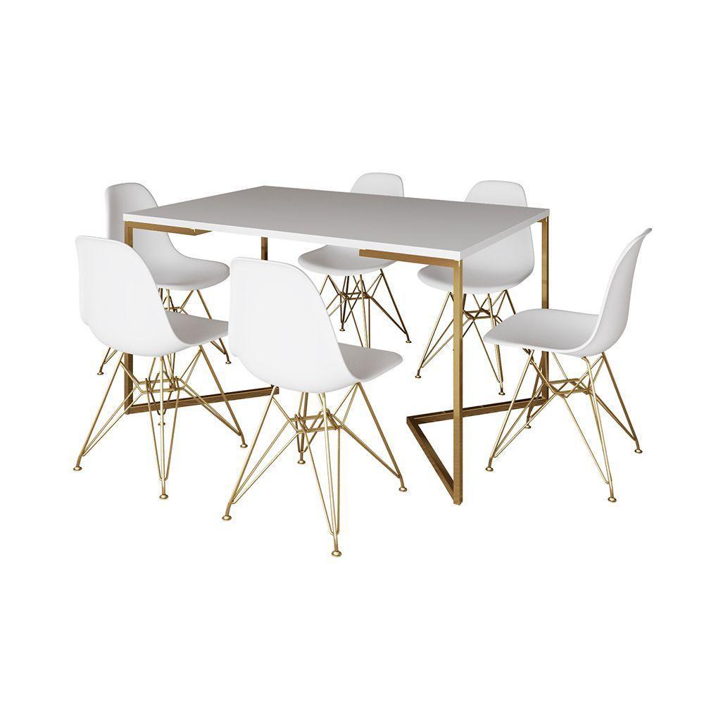 Mesa Jantar Industrial Retangular 137X90Cm Branca Base V Com 6 Cadeiras Eames Eiffel Brancas Base Do - 6