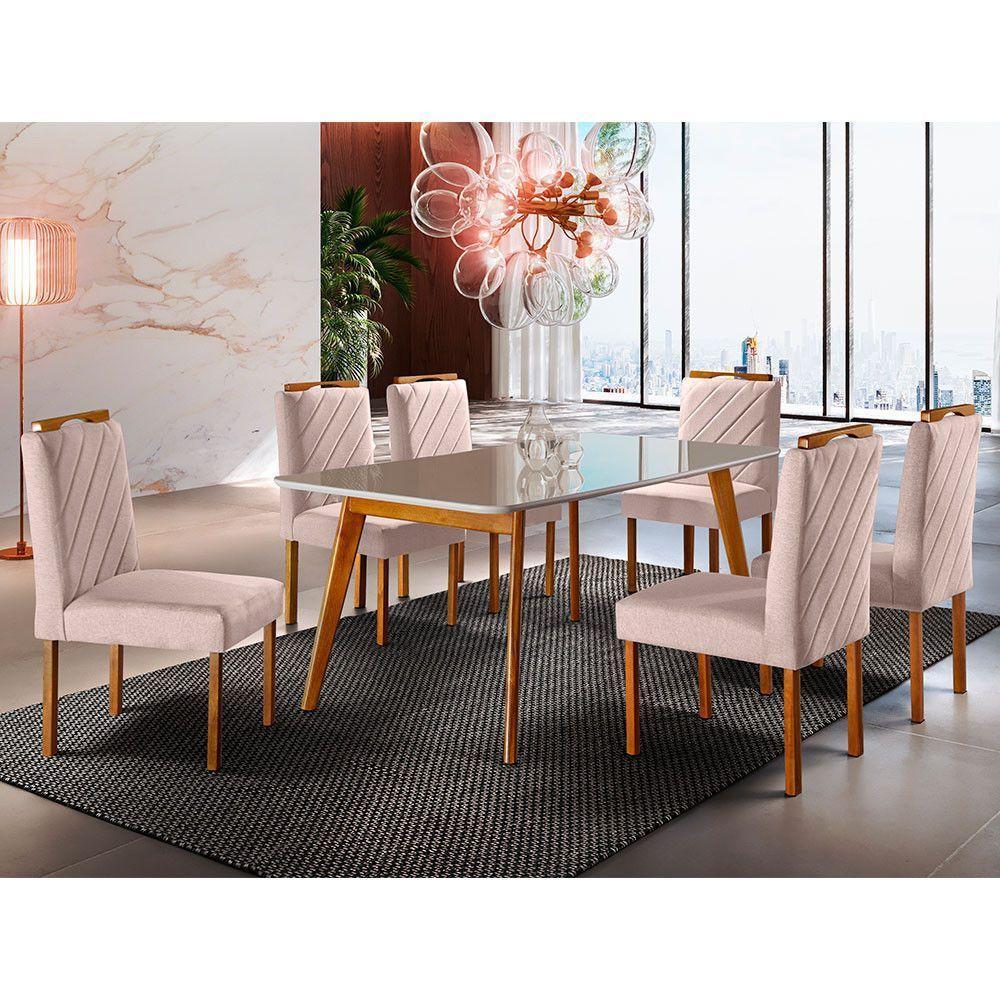 Conjunto Sala De Jantar 6 Lugares Mesa Slim E Cadeiras Em Veludo Móveis Mix Mel/off-white/nude - 1