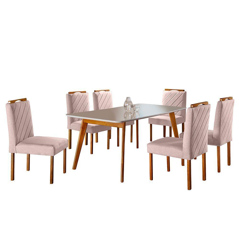 Conjunto Sala De Jantar 6 Lugares Mesa Slim E Cadeiras Em Veludo Móveis Mix Mel/off-white/nude - 7
