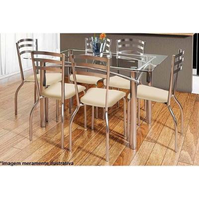 Sala de Jantar Completa Elba c/ Tampo Vidro 150cm + 6 Cadeiras Portugal Cromado/Courano Nude - Kappesberg