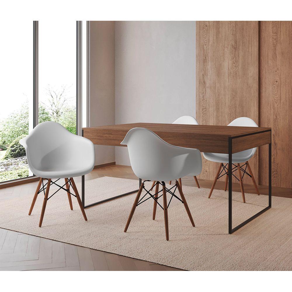 Mesa Jantar Industrial Filadélfia Amêndoa 137X90Cm Base Ferro Preto Com 4 Poltronas Brancas Marrom - 1