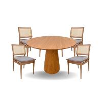 Conjunto Mesa De Jantar Cone 110 Cm Freijó Com 4 Cadeiras Madeira Maciça Tela Sextavada E Assento Em Linho Cor Marrom - 1