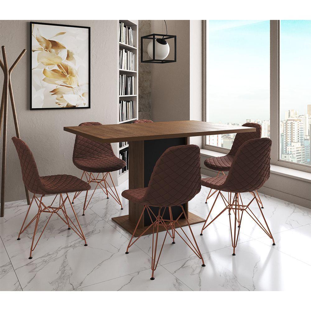 Mesa Jantar Londres Retangular Amêndoa 137X90 Base Preta 6 Cadeiras Estofadas Caramelo Base Cobre - 1