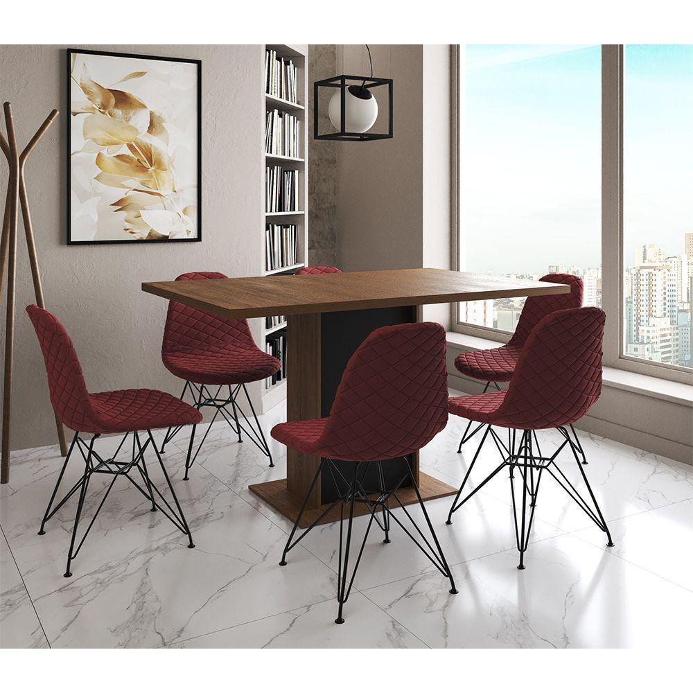 Mesa Jantar Londres Retangular Amêndoa 137X90 Base Preta 6 Cadeiras Estofadas Vermelho Ferro Preto - 1