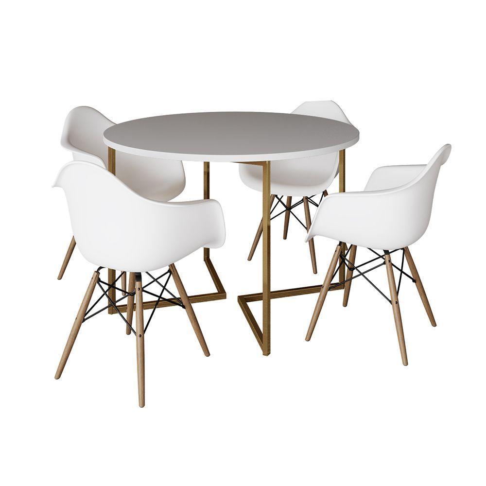 Mesa Jantar Industrial Redonda 110Cm Branca Base V Dourada Com 4 Poltronas Daw Madeira Branco - 6
