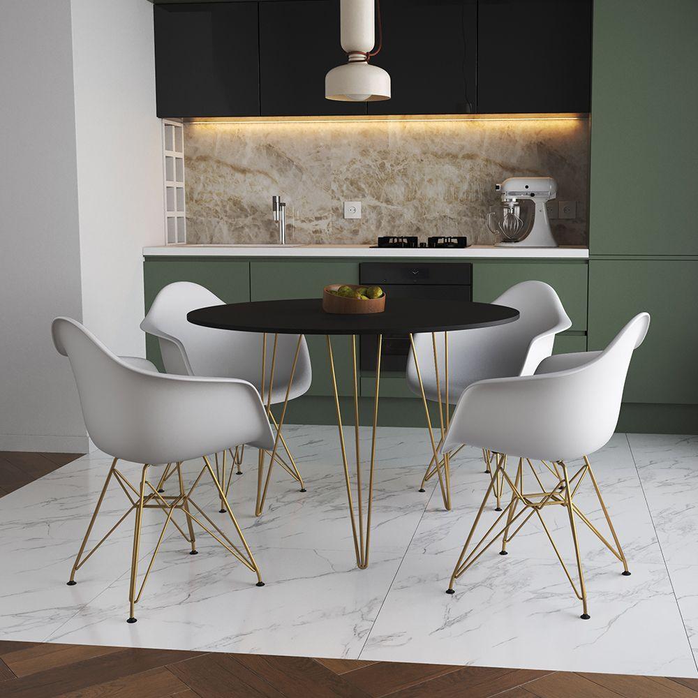 Mesa Jantar Redonda 110Cm Preta Clips 3 Pés Com 4 Poltronas Brancas Base Dourada Preto - 1
