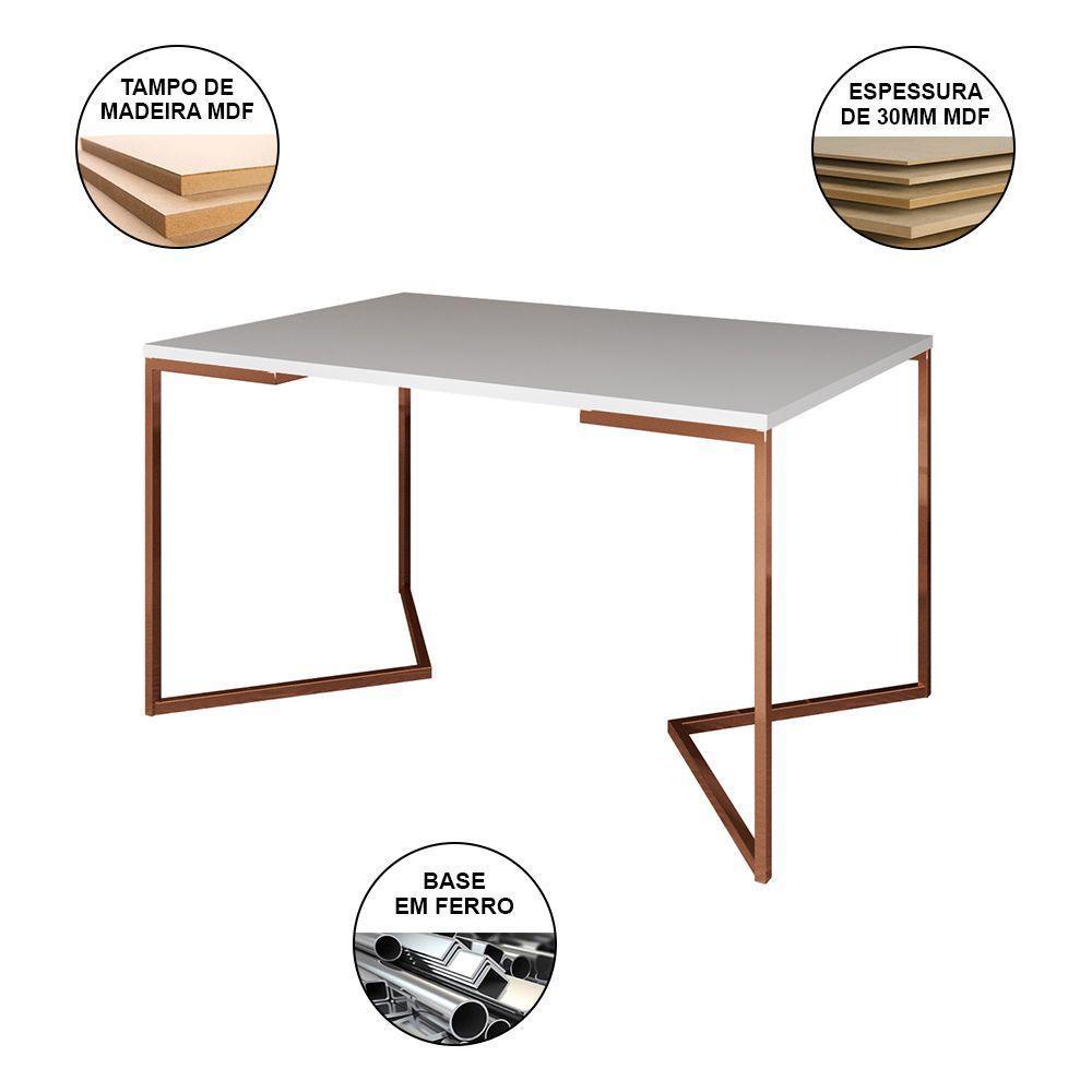Mesa Industrial Jantar Branca 137X90Cm Base Cobre V Com 6 Poltronas Brancas Base Cobre Marrom - 5