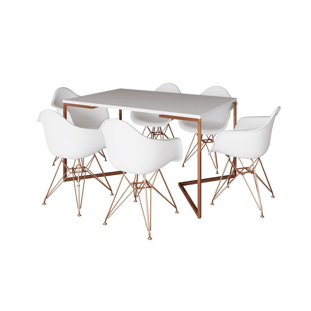Mesa Industrial Jantar Branca 137X90Cm Base Cobre V Com 6 Poltronas Brancas Base Cobre Marrom - 6