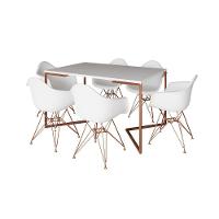 Mesa Industrial Jantar Branca 137X90Cm Base Cobre V Com 6 Poltronas Brancas Base Cobre Marrom - 6