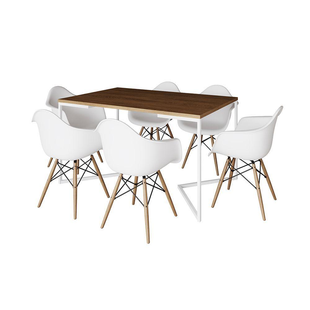 Mesa Jantar Industrial Retangular Amêndoa 137X90Cm Base V Ferro Branco Com 6 Poltronas Branca Marrom - 6