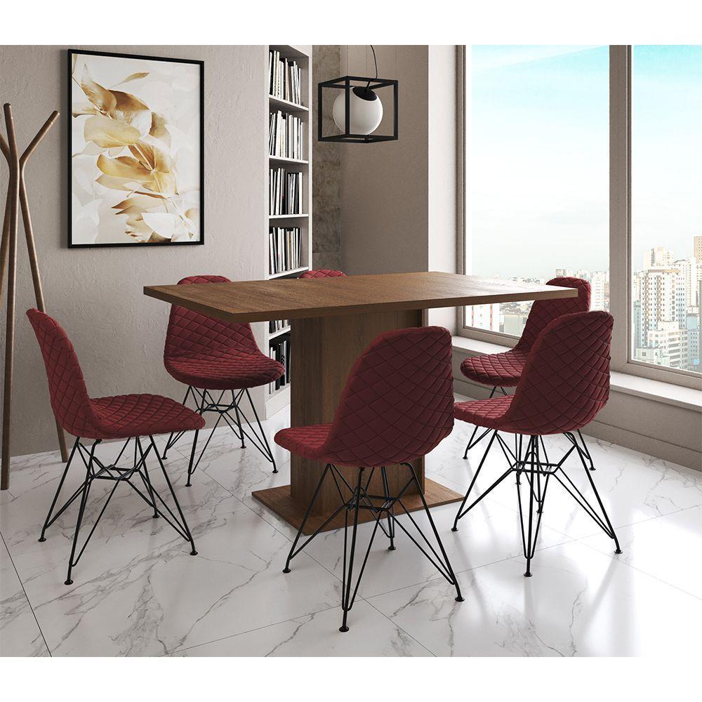 Mesa Jantar Londres Retangular Amêndoa 137X90Cm 6 Cadeiras Estofadas Vermelho Ferro Preto - 1