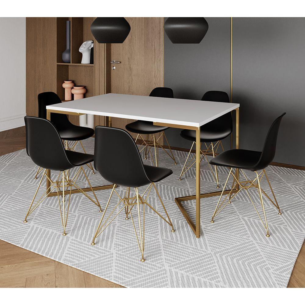 Mesa Jantar Industrial Retangular 137X90Cm Branca Base V Com 6 Cadeiras Eames Eiffel Pretas Base Dou - 3