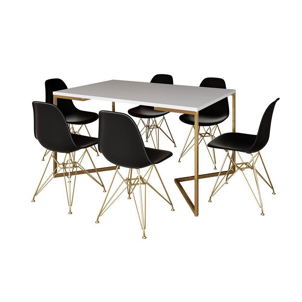 Mesa Jantar Industrial Retangular 137X90Cm Branca Base V Com 6 Cadeiras Eames Eiffel Pretas Base Dou - 9
