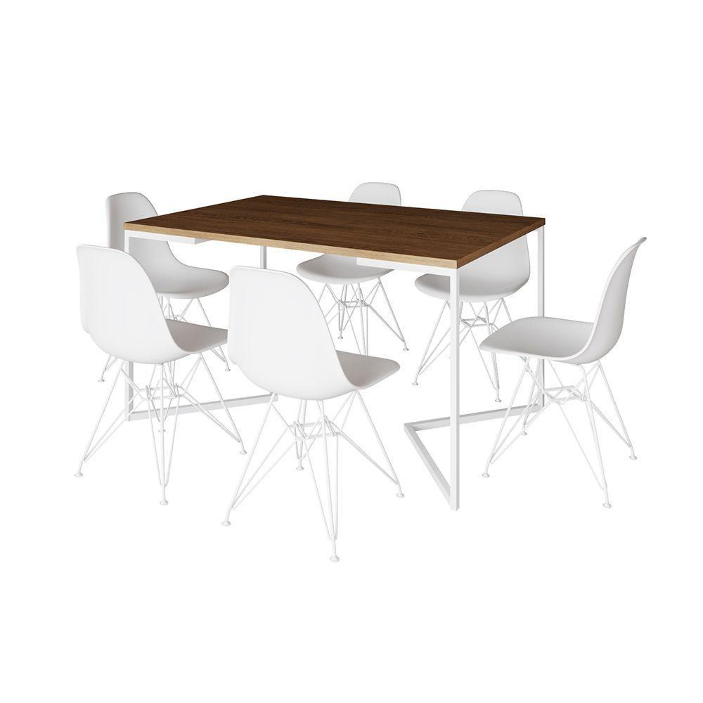 Mesa Industrial Jantar Retangular 137X90Cm Amêndoa Base V Com 6 Cadeiras Eames Eiffel Brancas Ferro - 6