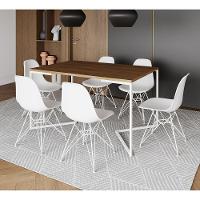 Mesa Industrial Jantar Retangular 137X90Cm Amêndoa Base V Com 6 Cadeiras Eames Eiffel Brancas Ferro - 1