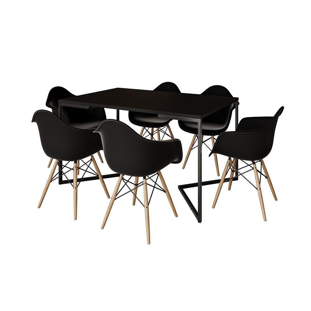 Mesa Jantar Industrial Preta Retangular 137X90Cm Base V Ferro Preto Com 6 Poltronas Pre Marrom - 6
