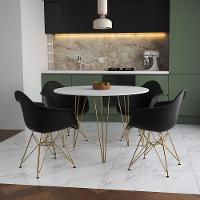 Mesa Jantar Redonda 110Cm Branca Clips 3 Pés Com 4 Poltronas Pretas Base Dourada Branco - 1
