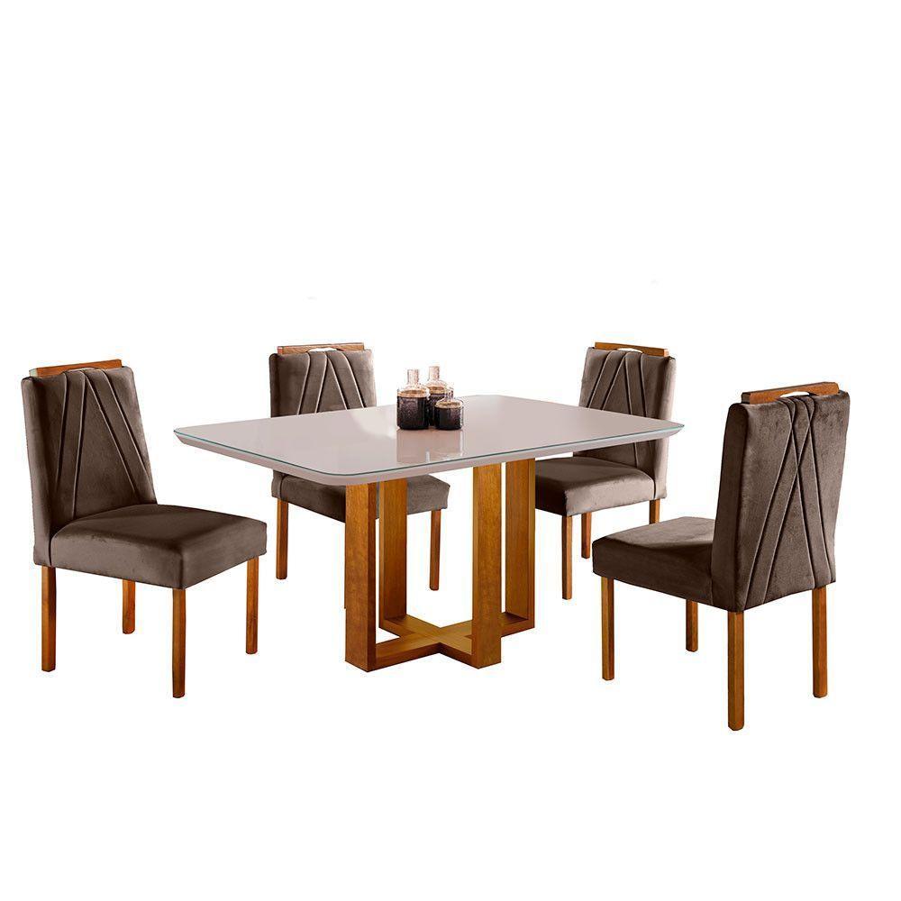 Conjunto Sala De Jantar Lisboa 4 Lugares Mesa E Cadeiras Moveis Mix Mel Com Off-white Marrom Burguês - 1