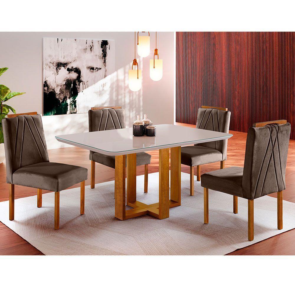 Conjunto Sala De Jantar Lisboa 4 Lugares Mesa E Cadeiras Moveis Mix Mel Com Off-white Marrom Burguês - 2