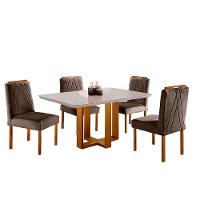 Conjunto Sala De Jantar Lisboa 4 Lugares Mesa E Cadeiras Moveis Mix Mel Com Off-white Marrom Burguês - 1