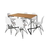 Mesa Industrial Jantar Retangular 137X90Cm Canela Base V Com 6 Cadeiras Eames Eiffel Brancas Ferro P - 6