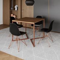 Mesa Jantar Industrial Quadrada 90Cm Amêndoa Base Cobre V Com 4 Cadeiras Pretas Eames Eiffel Pés Cob - 1