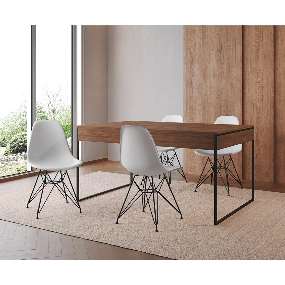 Mesa Jantar Industrial Retangular Filadélfia 137X90Cm Amêndoa Com 4 Cadeiras Brancas Eames Base Ferr - 1