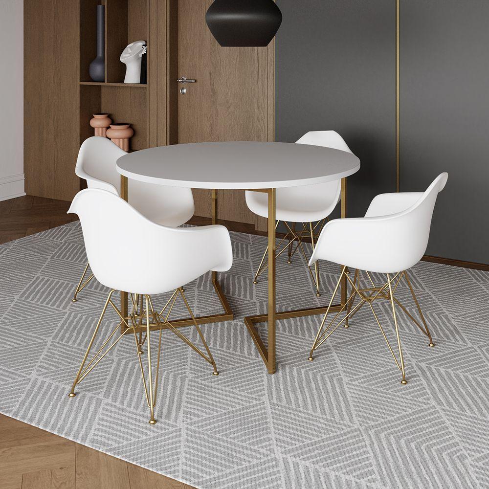 Mesa Jantar Industrial Branca 110Cm Redonda Base V Com 4 Poltronas Daw Brancas Base Dou Branco - 1